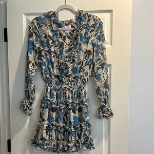 Misa Los Angeles Blue and Black Floral Ruffle Dress